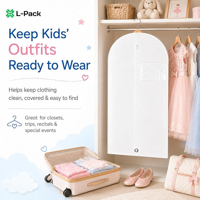Kids Garment Bag for Hanging Clothes, Travel Garment Bag for Dresses, Dance Costumes & Suits, Breathable Clothes Cover for Baby Toddler Child, White, 30" x 18"