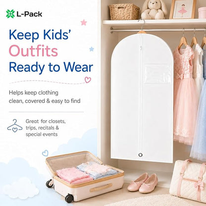 Kids Garment Bag for Hanging Clothes, Travel Garment Bag for Dresses, Dance Costumes & Suits, Breathable Clothes Cover for Baby Toddler Child, White, 30" x 18"