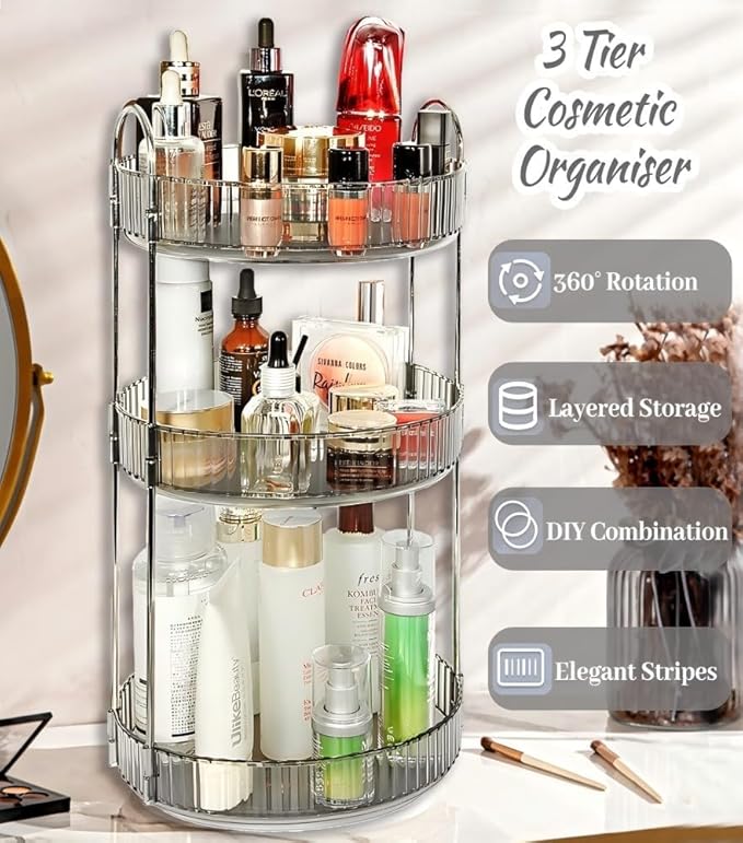 Skincare Organizers 360 Rotating, 3 Tier Round Makeup Organizer Countertop,Holder Rack Large Spinning Cosmetics Display Cases, Perfume Beauty Storage for Vanity, Countertop, Bathroom (Gray)