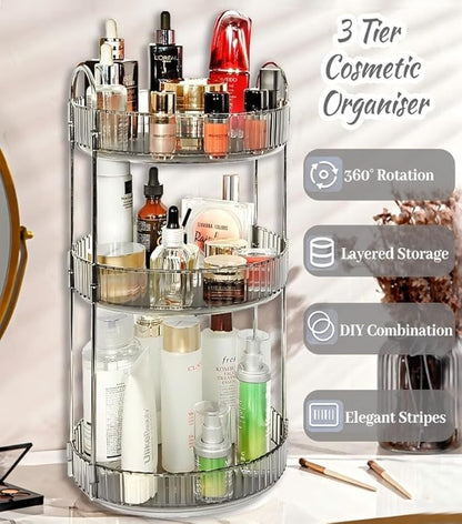 Skincare Organizers 360 Rotating, 3 Tier Round Makeup Organizer Countertop,Holder Rack Large Spinning Cosmetics Display Cases, Perfume Beauty Storage for Vanity, Countertop, Bathroom (Gray)