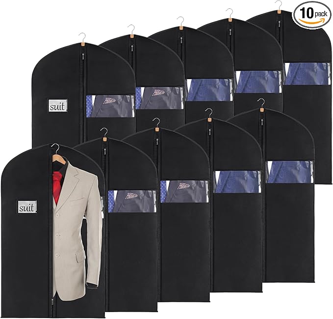 KEEGH 40" Suit Cover Bags for Men (Set of 10) Garment Bags for Hanging Clothes, Suit Bags for Closet Storage or Travel, Clothes Cover for Suits Coats with Clear Window and Label Pocket, Black