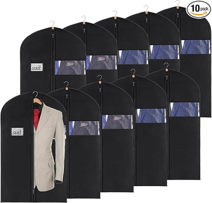 KEEGH 40" Suit Cover Bags for Men (Set of 10) Garment Bags for Hanging Clothes, Suit Bags for Closet Storage or Travel, Clothes Cover for Suits Coats with Clear Window and Label Pocket, Black