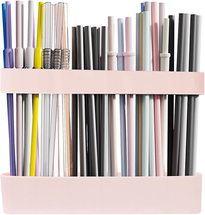 Strong Adhesive Backing Straw Storage Box, Split Type Silicone Straws Dispenser Adjustable Height Straw Holder for Cabinet (Pink)