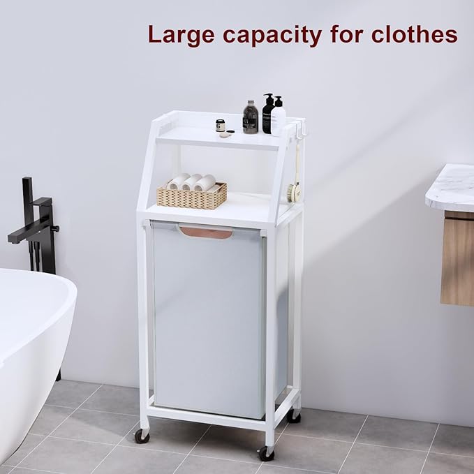 Timberer Laundry Hamper, Laundry Sorter, Rolling Laundry Basket with Wheels, 2 Shelves, 18 Gal(68L), Pull-Out and Removable Oxford Fabric Bags, White and Grey