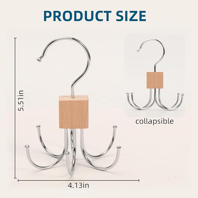2Pcs Belt Hanger with Wood, 360° Rotatable Belt Organizer | Hold Up to 24 Belts – Hanging Holder Storage Hook for Belt, Bra, Tie, Scarf, Purse & Tank Tops