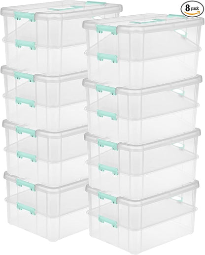 Sterilite 8-Pack Stack & Carry, 2 Layer Handle Box for Home & Office Storage - Clear Base & Lid with Color Latches, Organizer for Art & Craft Supplies, Sewing Tools or 8.5" x 11" Paper