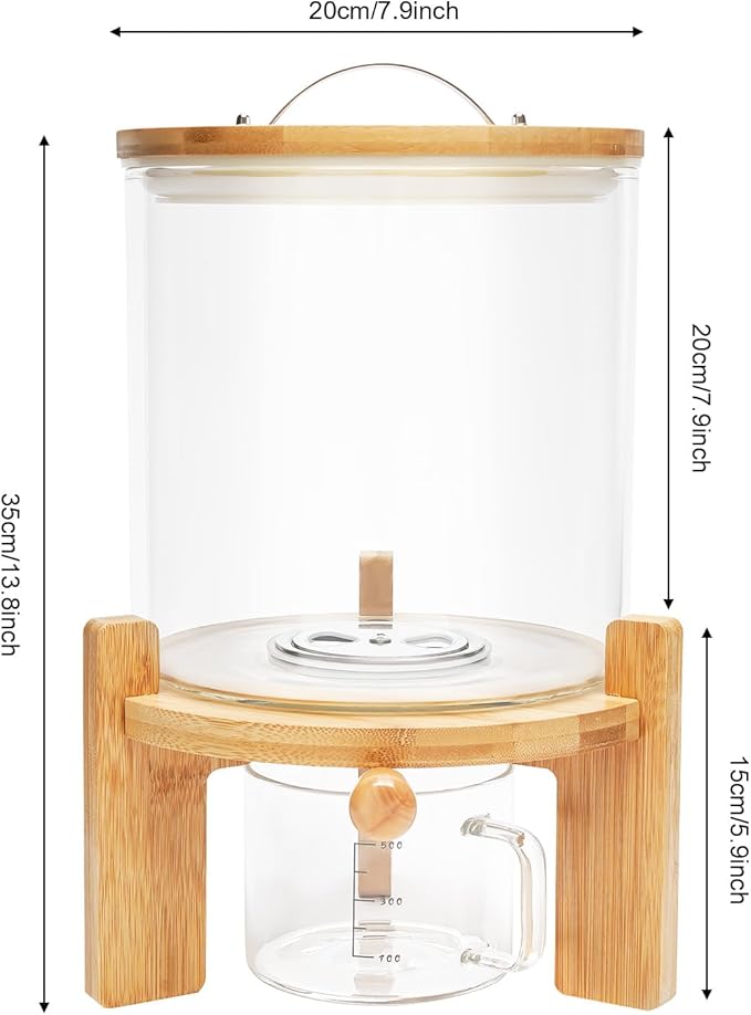 Glass Rice Dispenser with Airtight Lid, Bamboo Stand for Kitchen Pantry Organization (5L/1.38Gal)
