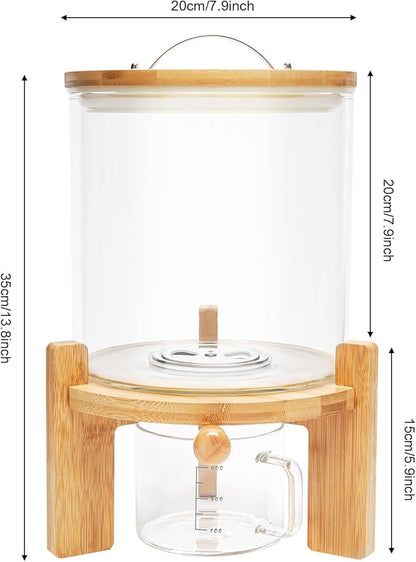 Glass Rice Dispenser with Wooden Stand, 1.32Gal Rice Storage Container Cereal containers Storage Cereal Dispenser for Kitchen Organization & Pantry Store Airtight Lid Manual Switch (5L)