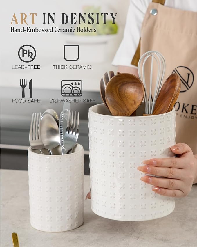 Nucookery Utensil Holder, Extra Large Ceramic Utensil Crock for Kitchen Counter, Stable Spatula & Flatware Organizer, Farmhouse Embossed Kitchen Decor, Set of 2 (X Texture)