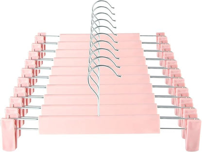 GUANJUNE Clothes Pants Hangers, Space-Saving Skirt Holders with 360 ° Swivel Hooks, Adjustable Clips, Trouser Hangers, Clothes Coat Garment Jeans Hangers (10 Pack, Pink)