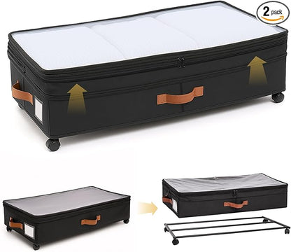 AVOKIHI 2 Pack Under Bed Storage with Wheels (Adjustable Height 7.9"-9.5"), 75L Rolling Underbed Storage Containers, Collapsible Metal Frame & Washable Fabric Drawer for Clothes, Shoes, Blankets
