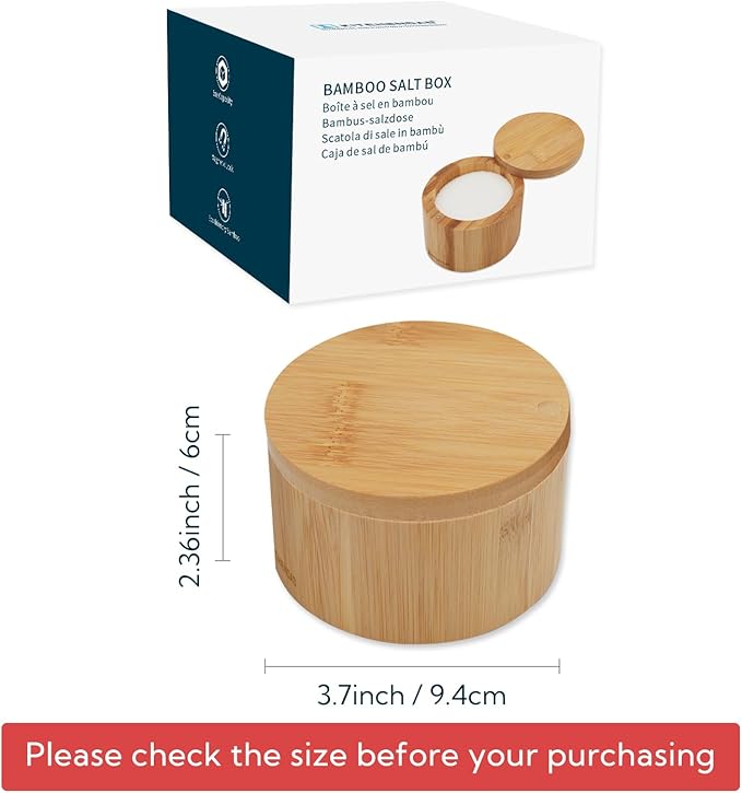 KITCHENDAO Bamboo Salt Cellar Bowl Box，Elegant Kitchen Container Holder with Swivel Magnetic Lid to Store Pepper Spice Bath or Favorite Seasonings, 6oz