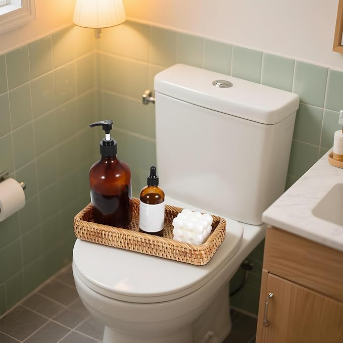 COMNICO Rattan Bathroom Vanity Tray, 10 Inch Natural Water Hyacinth Toilet Tank Baskets Decorative Wicker Vintage Storage Basket Topper Bins for Bathroom Kitchen Countertop Table