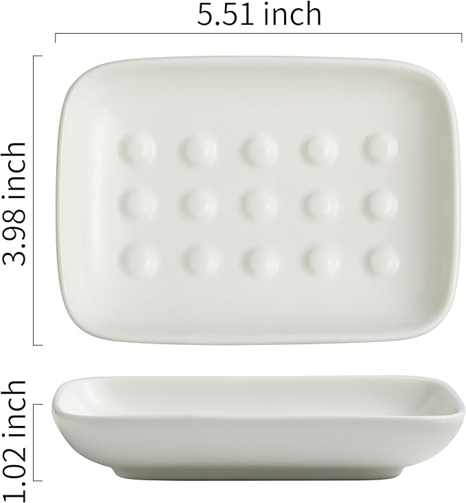 Miamolo Soap Dish, Ceramic Soap Holder Shower Soap Dish for Bar Soap Sponge, Soap Saver Tray for Bathroom Kitchen Sink, White (Pack of 2)