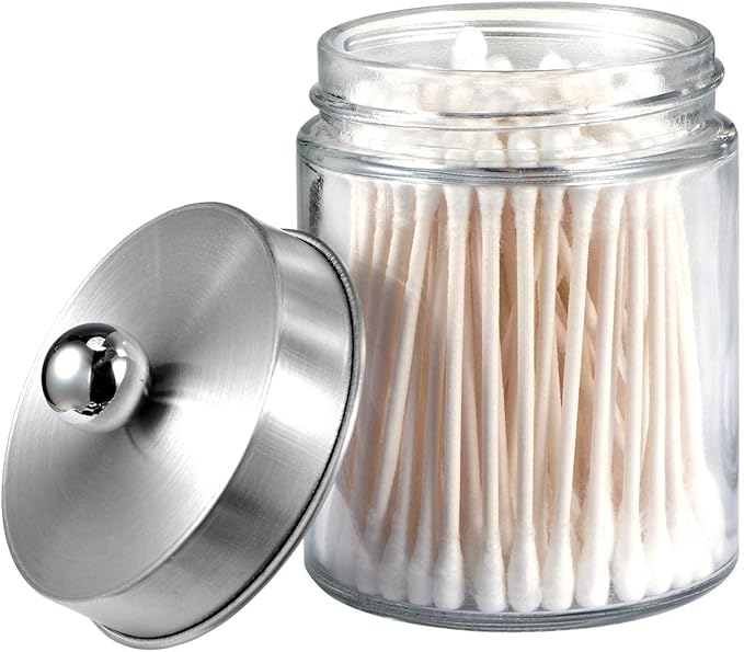 Amolliar Apothecary Jars Bathroom Vanity Organizer -Countertop Canister Jar with Storage Lid - Qtip Dispenser Holder Glass for Qtips,Cotton Swabs,Makeup Sponges,Hair Band - Brushed Nickel (1 Pack)