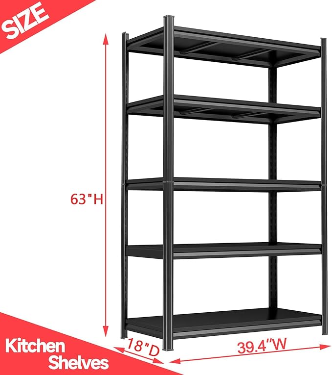 5-Tier Kitchen Shelving, Kitchen Storage Organization Metal Shelves Loads 2000LBS, Pantry Shelving Unit, Racks for Storage, Coffee Machine Storage Shelf Stand, Black