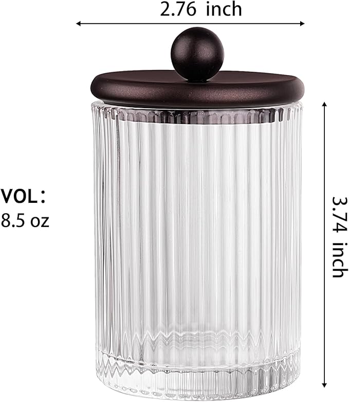 SheeChung 2-Pack Bronze Ribbed Glass Qtip Holder - Apothecary Jars Bathroom Organizer with Metal Lids - Countertop Vanity Canister Set for Cotton Swabs, Rounds, Pads, Floss Picks