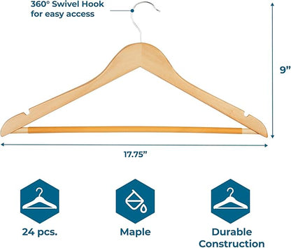 Honey-Can-Do Sturdy Maple Wood Hangers – Non-Slip Grooved Bar, Perfect for Shirts and Suits, Durable & Stylish, (Pack of 72)