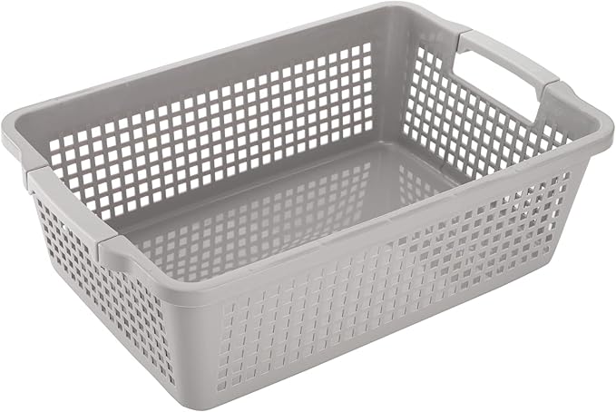 Hedume 4 Pack Plastic Storage Baskets with Handle, 15”x9.8”x4.7” Pantry Storage Bins, Closet Baskets, Large Organization Basket for Nursery, School, Office
