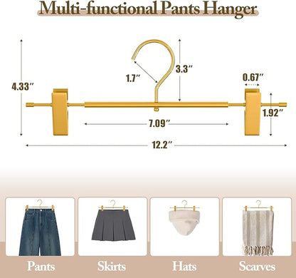 Matte Gold Aluminum Pants Hangers 20 Pack, Lightweight Skirt Hangers with 360°Swivel Hooks and Non-Slip Adjustable Clips for Trousers, Skirts, Jeans, Kids & Adults, Durable, Space-Saving