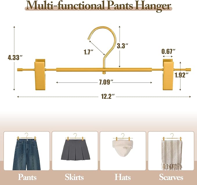 Matte Gold Aluminum Pants Hangers 10 Pack, Lightweight Skirt Hangers with 360°Swivel Hooks and Non-Slip Adjustable Clips for Trousers, Skirts, Jeans, Kids & Adults, Durable, Space-Saving