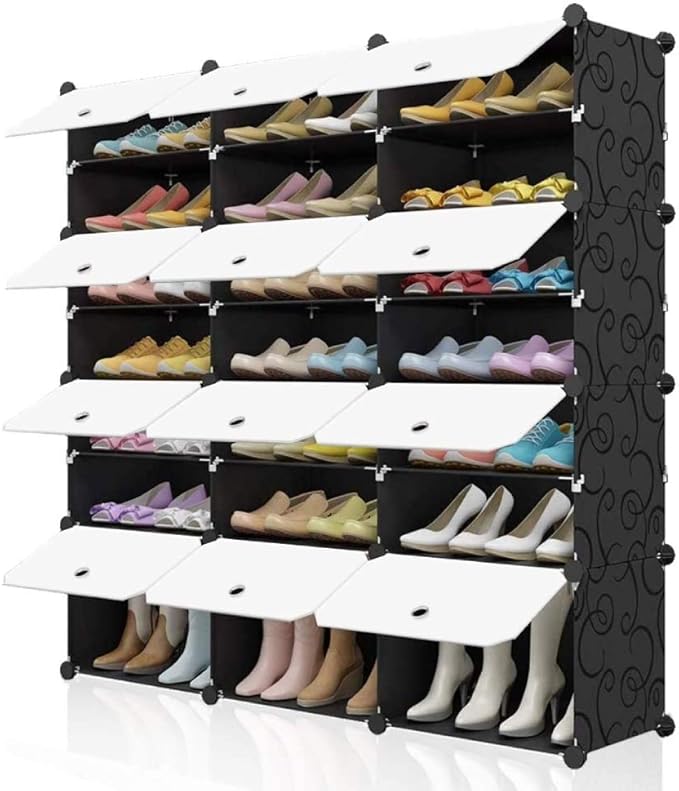 Shoe Rack Organizer, 12 Cube 7 Tier Covered Shoe Storage Cabinet 48 Pairs Freestanding DIY Shoe Shelves Plastic Shoes Rack for Closet Entryway Hallway Bedroom (Black)