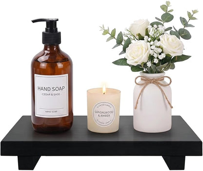 Black Bathroom Vanity Counter Tray Decor Farmhouse Wood Risers Kitchen Soap Sink Tray for Countertop Decorative Hand Soap Dispenser Holder Wooden Pedestal Stand Modern Bathroom Organizer Accessories