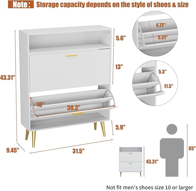 JOZZBY Shoe Cabinet for Entryway, White Narrow Shoe Storage Cabinet with 2 Flip Drawers, Freestanding Hidden Shoe Rack Storage with Open Shelves for Hallway, Living Room