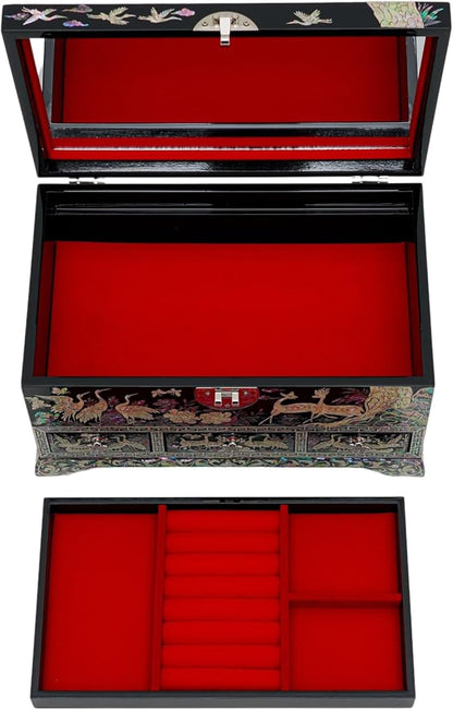 February Mountain Lockable Korean Mother-of-Pearl Jewelry Box - Najeon Chilgi Lacquerware with Crane and Floral Design, Vibrant Black Finish, Handmade (Black)