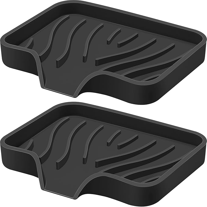 Silicone Soap Dish with Drain, SAISN Kitchen Soap Tray for Shower 2 Pack Self Draining Soap Dish Soft Bathroom Soap Holder for Kitchen Sink Flexible Portable Soap Saver, Black