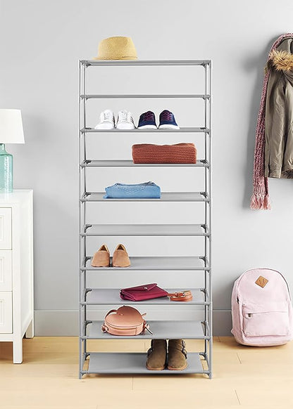 Whitmor Spacemaker 10 Tier Shoe Rack Tower, Tall Metal & Fabric Shoe Shelf Organizer for Entryway, Garage, Holds Shoes, Handbags & Accessories, 12"D×24.5"W×60"H