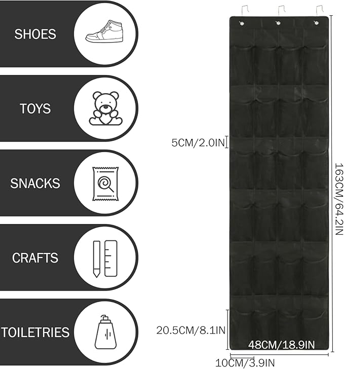 24 Mesh Pocket Over the Door Shoe Organizer Space Saving Hanging Storage Holder with Hooks 64x19 Inch Black, Shoe Hanger for Door