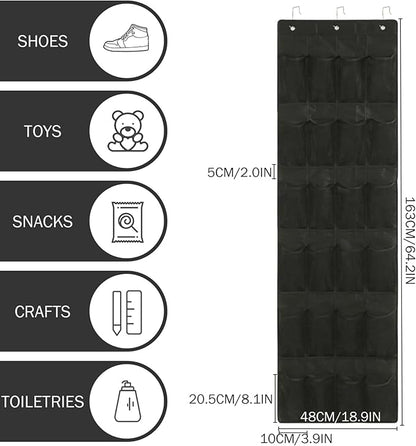 24 Mesh Pocket Over the Door Shoe Organizer Space Saving Hanging Storage Holder with Hooks 64x19 Inch Black, Shoe Hanger for Door