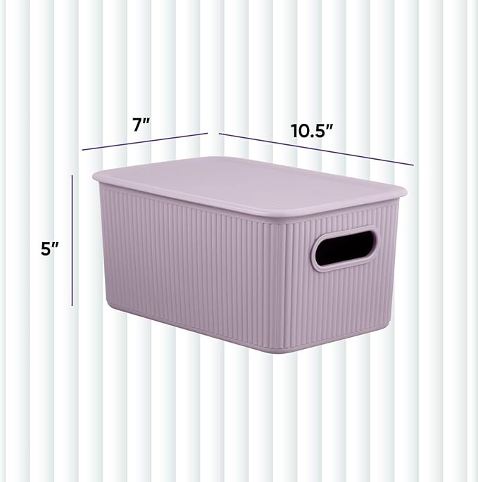Decorative Plastic Basket Lidded Home Storage Bins Organizer, Medium Lilac Purple (1 Pack - 5 Liter) Stackable Container Box, for Organizing Closet Storage Bins for Shelves - Ribbed Collection