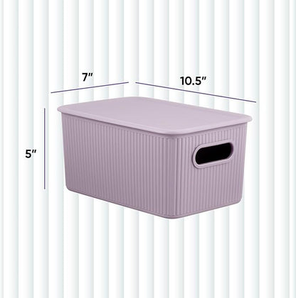 Decorative Plastic Basket Lidded Home Storage Bins Organizer, Medium Lilac Purple (1 Pack - 5 Liter) Stackable Container Box, for Organizing Closet Storage Bins for Shelves - Ribbed Collection