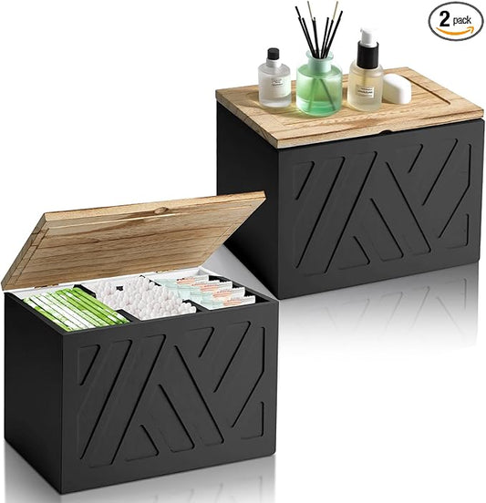 2Pcs Tampon Holder for Bathroom Decor, Feminine Product Organizer, Shark Week Tampon Storage with Lid, Wood Pad Box for Toilet, Lady Girl Stuff Organizer Case Bathroom Accessories- Black