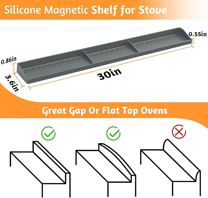 Magnetic Stove Shelf for Back of Stove, 30 Inch Silicone Stove Top Spice Rack for Kitchen Organization, Heat Resistant Over the Stove Shelf with 6 Powerful Magnets, Fits Flat & Curved Stoves- Grey