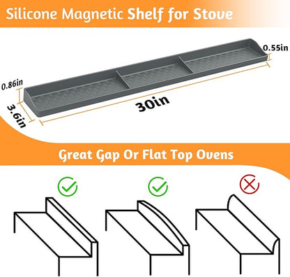 Magnetic Stove Shelf for Back of Stove, 30 Inch Silicone Stove Top Spice Rack for Kitchen Organization, Heat Resistant Over the Stove Shelf with 6 Powerful Magnets, Fits Flat & Curved Stoves- Grey