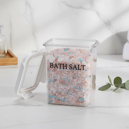 61 oz Bath Salt Jar, Plastic Bath Salt Container with Scoop, Airtight Storage with Locking Lids, Stackable Clear Canister for Epsom Salt, Bathtub Accessories