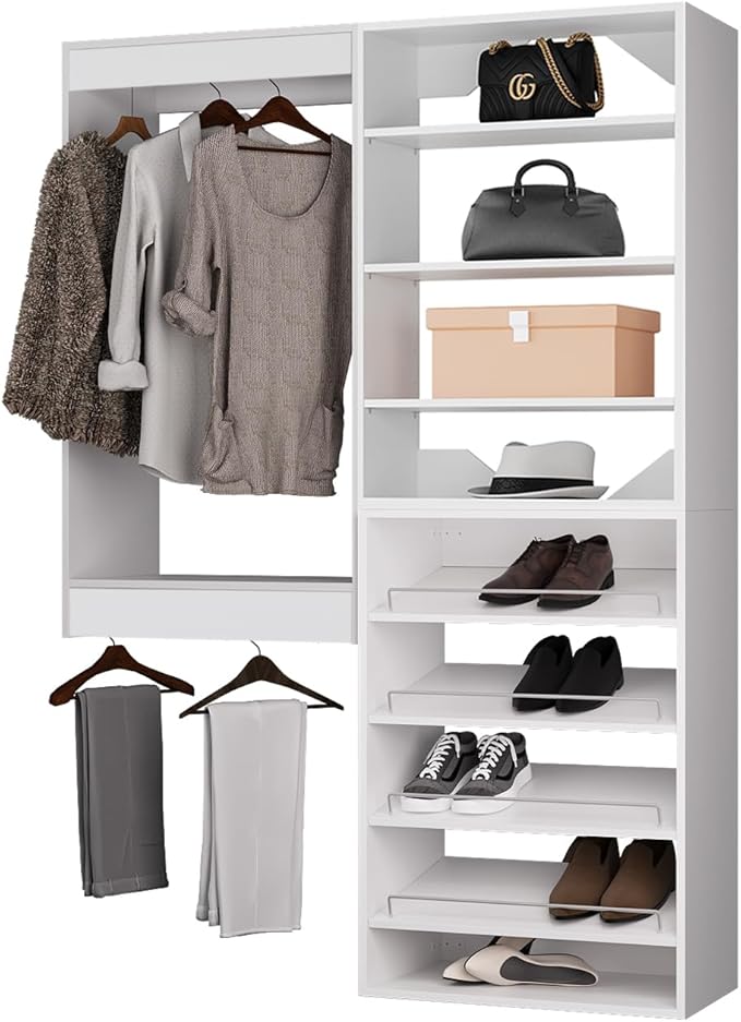 ROOMTEC Modular Closet System, 46" Wall Mounted Closet Organizer with Hanging Rods and Shoe Shelf, Wooden Tower for Walk-In Closets, Wardrobe Storage Kit, White