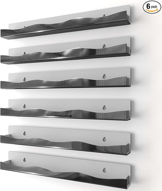 Wall-Mounted Nail Polish Organizer Rack - 15-Inch Black Mirror Finish Nail Polish Shelf, Makeup & Beauty Essentials Storage - Multi-Purpose Display Holder for Small Space, Vanity Bathroom, 6 Pack