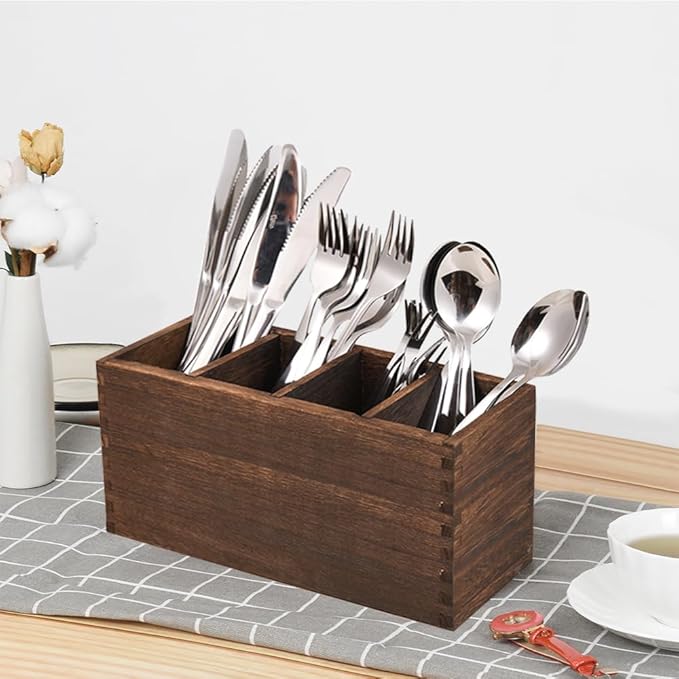 WuGeShop Heightened Wooden Silverware Holder, 4 Compartments Flatware Utensil Caddy, Great Flatware Caddy- Ideal for Kitchen, Dining, Home Party, Buffet, and More