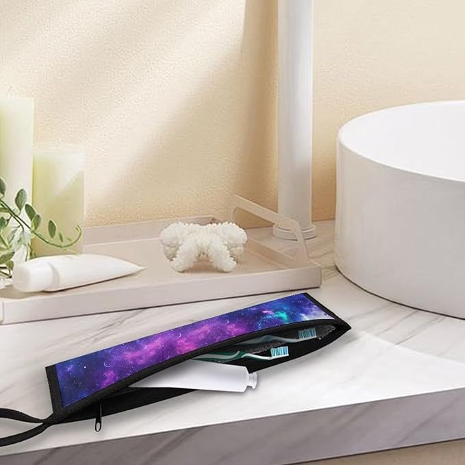 COEQINE Purple Space Theems Straw Carrying Bag With Handles Reusable Tableware Carrying Case Flateware Pouch Portable Travel Utensil Organizer for Spoon Fork Chopsticks Gift for Father Women Men