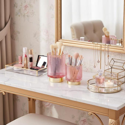 Glass Makeup Brush Holder Organizer, Gold Toothbrush Holders for Bathroom, Pink Makeup Brush Holder Cup for Vanity, Desktop Crystal Eyeliners Eyebrow Pencil Storage Cup Holder