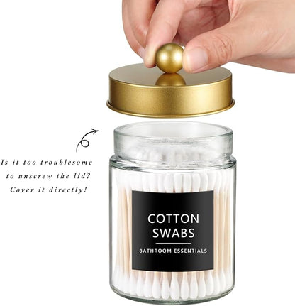 SheeChung Qtip Dispenser Holder 4pcs, Glass Apothecary Jars with Gold Stainless Steel Lids &Stickers, Countertop Canister Guest Bathroom Storage Organizer Set for Cotton Swabs/Balls/Pads, Floss Picks