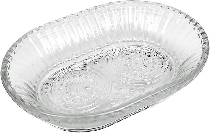 Clear Glass Soap Dish for Cleaner Shower, Oval Bar Soap Holder with Embossed Raised Sides for Bathroom Sink and Kitchen