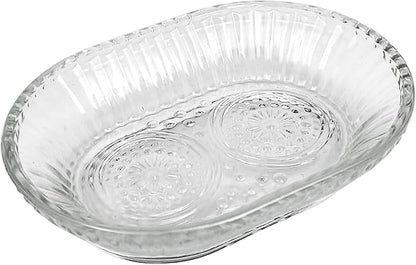 Clear Glass Soap Dish for Cleaner Shower, Oval Bar Soap Holder with Embossed Raised Sides for Bathroom Sink and Kitchen