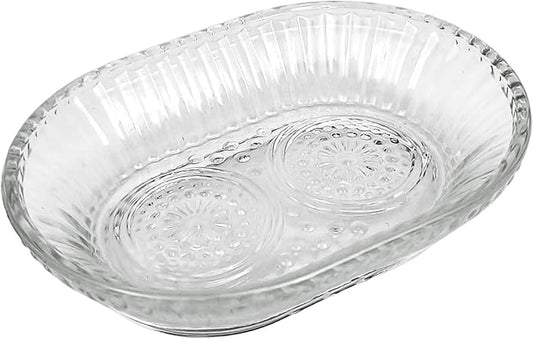 Clear Glass Soap Dish for Cleaner Shower, Oval Bar Soap Holder with Embossed Raised Sides for Bathroom Sink and Kitchen