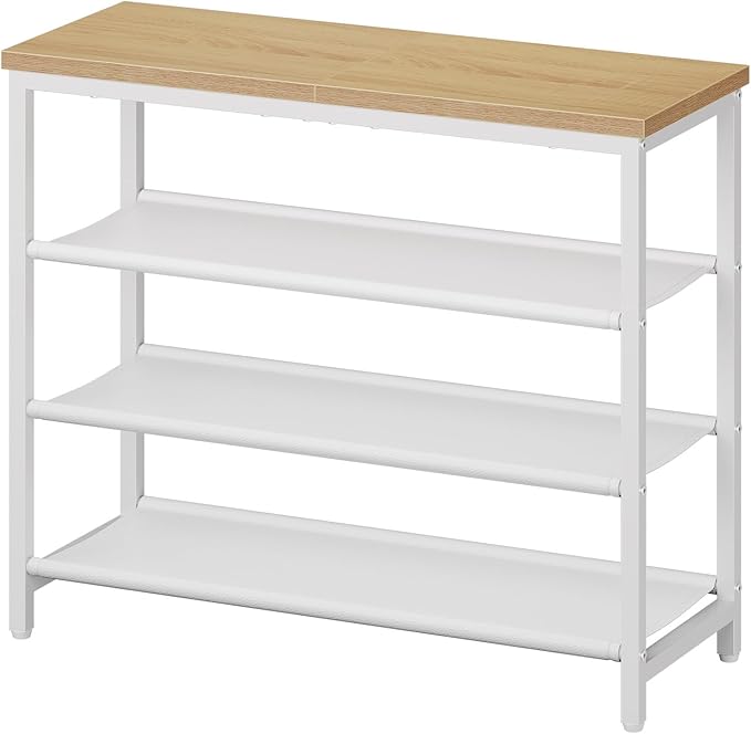 HOOBRO Shoe Rack with 3 PU Shelves, 4-Tier Shoe Storage Organizer for Closet and Entryway, Holds 9-12 Pairs of Shoes, Sturdy Metal Frame, Small Spaces, White and Natural WN94XJ01