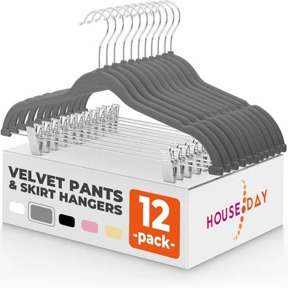 HOUSE DAY Velvet Skirt Hangers 12 Pack, Gray Velvet Pant Hangers with Adjustable Clips, Space Saving Slim Shorts Hanger, Heavy Duty Non Slip Clip Hanger for Pants, Skirts, Shorts